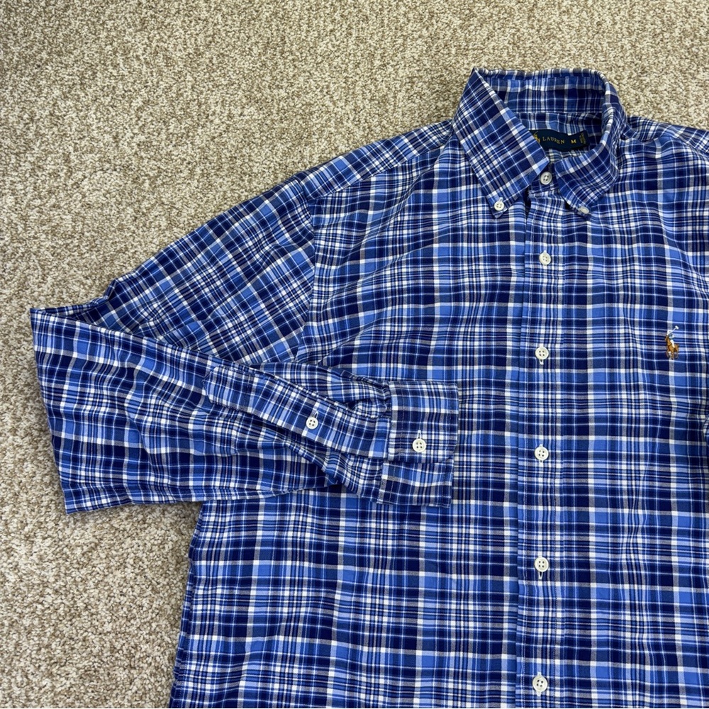 Ralph Lauren Button Down Shirt Men’s Size M Blue White Plaid Flesh Pony - Picture 2 of 16